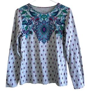 Talbots Womens Top S Long Sleeve Talbots Tee Paisley Gray Green Burgundy Casual